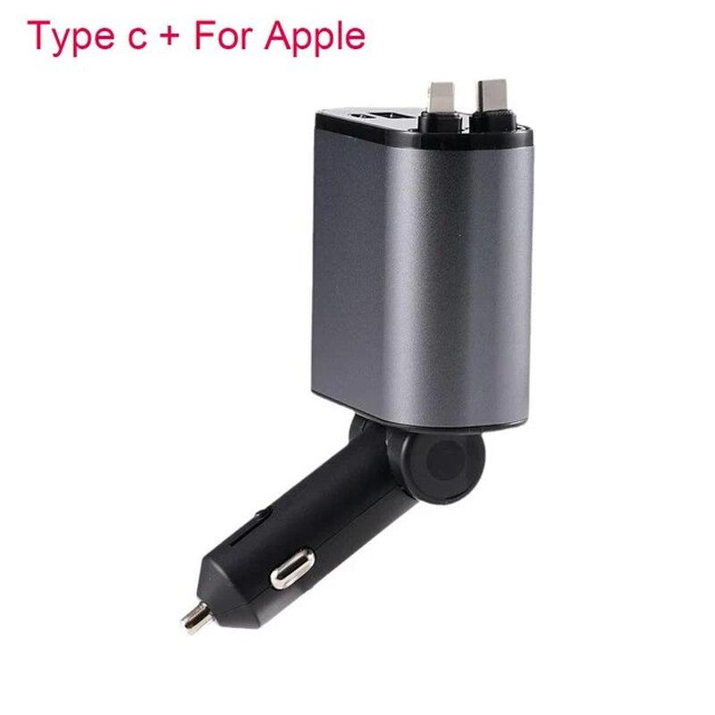 100W 4 in 1 Retractable Car Charger USB Type C Cable for Iphone Samsung Fast Charge Cord Cigarette Lighter Adapter